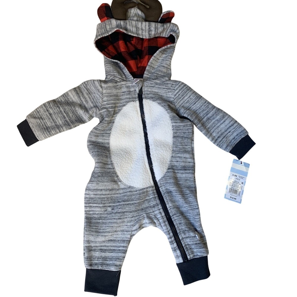 Cat & Jack Reindeer Hooded Romper Baby 0-3M Gray New Buffalo Plaid Antlers